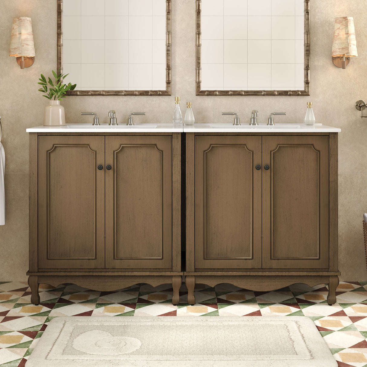 Vintage Double Sink Bathroom Vanity Set With Ceramic Sinks