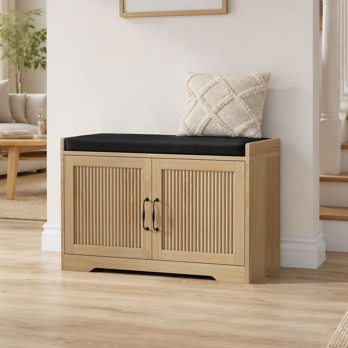 Entryway Shoe Bench With Double Doors, Upholstered Seat - Oak