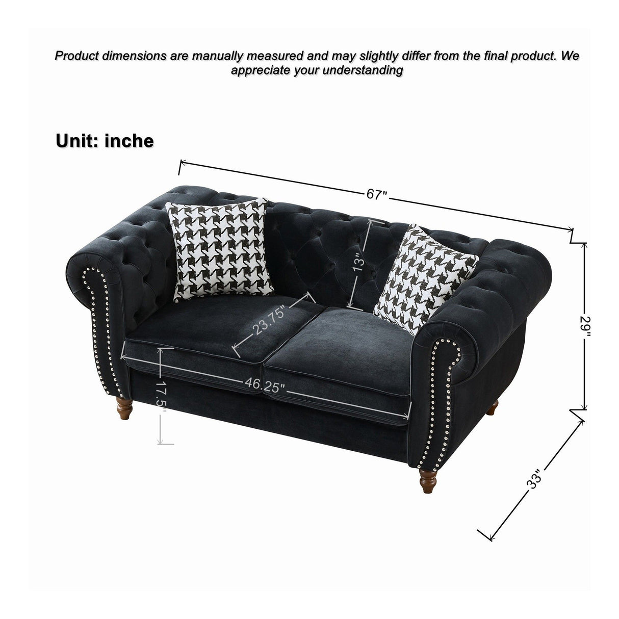 Chesterfield 3 And 2 Seater Upholstery Sofa With Roll Armrest & Nailhead Fabric Couch