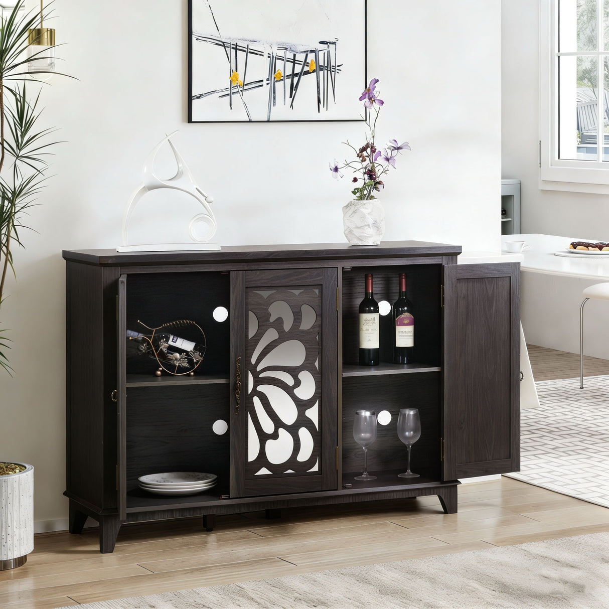 Spacious Countertop Sideboard With 3 Mirrored Doors, Adjustable Shelves - Dark Brown
