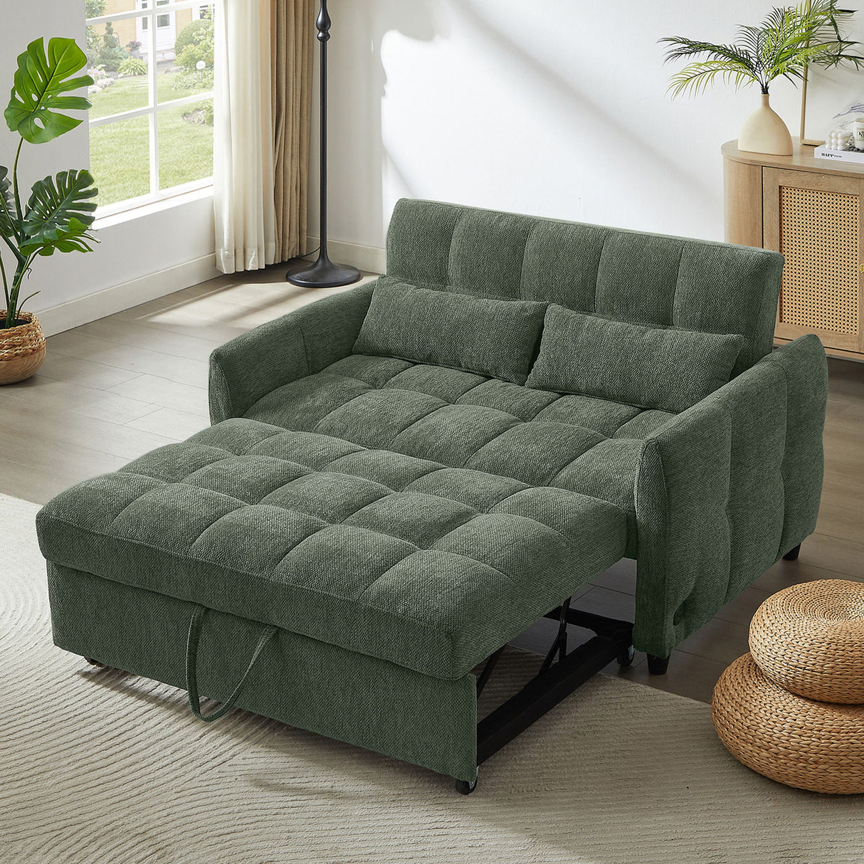 Loveseat Sofa Pull-Out Bed With Adjustable Backrest, 3 USB Ports And 2 Lumbar Pillows For Living Room