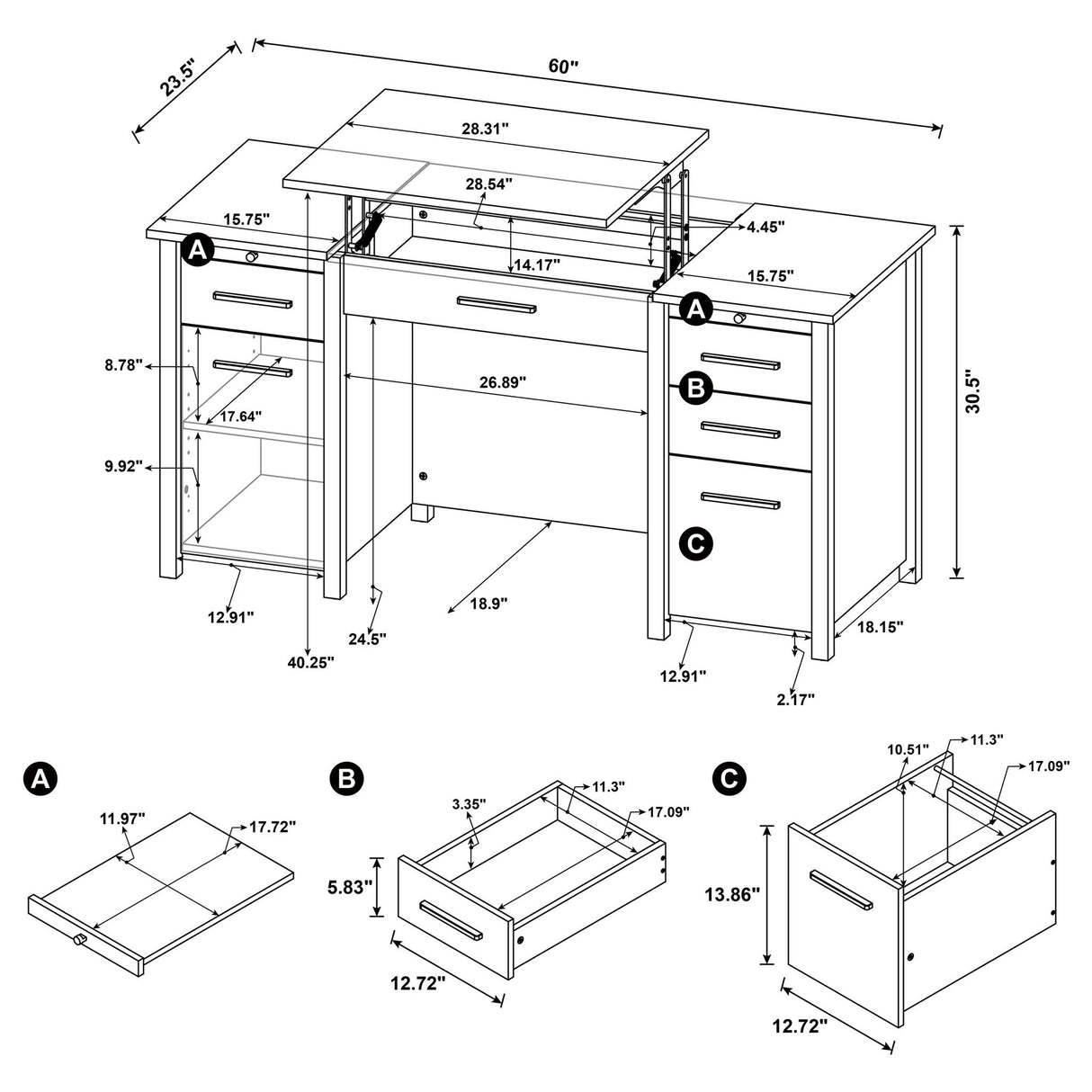 Rayna - 4 Drawer Office Desk With Lift-Top