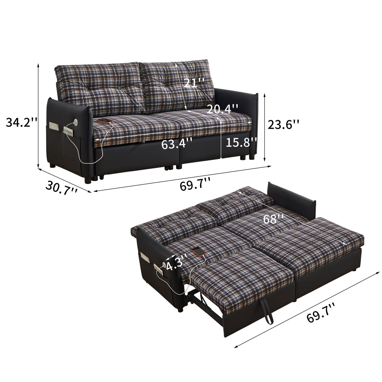 Sleeper Sofa, Expandable Sectional With Ottoman For Living Room