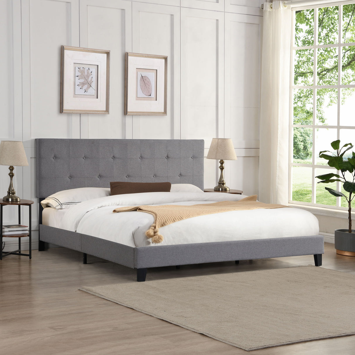 Modern Upholstered Platform Bed Frame With Button Tufted Headboard And Wood Slat Support