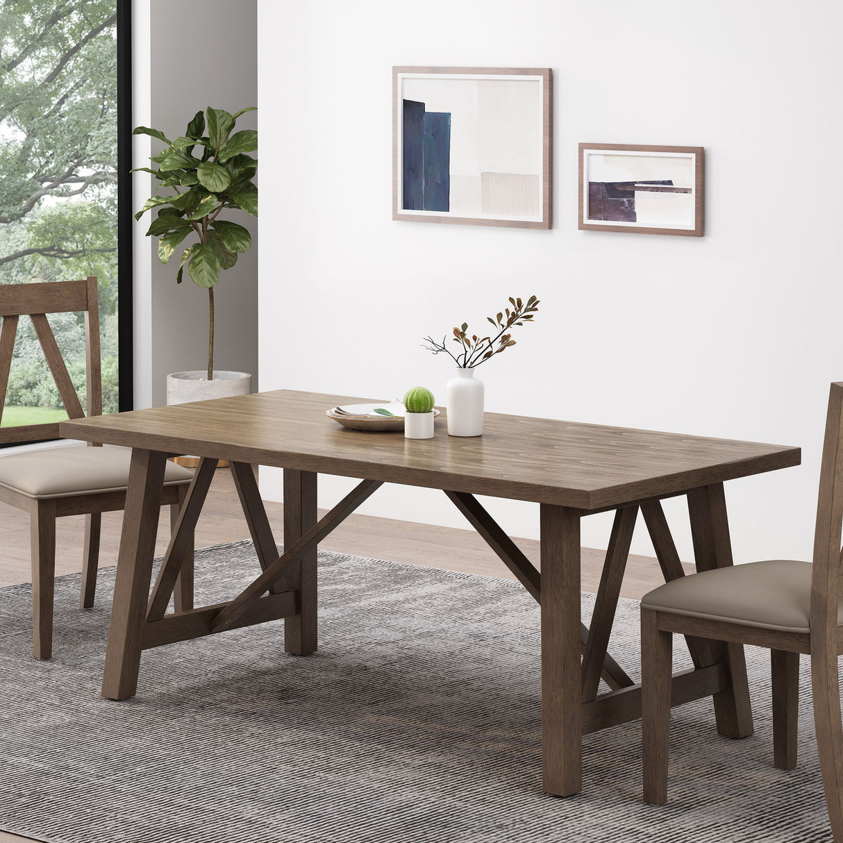 Farmhouse Style Dining Table With Wood Like Top