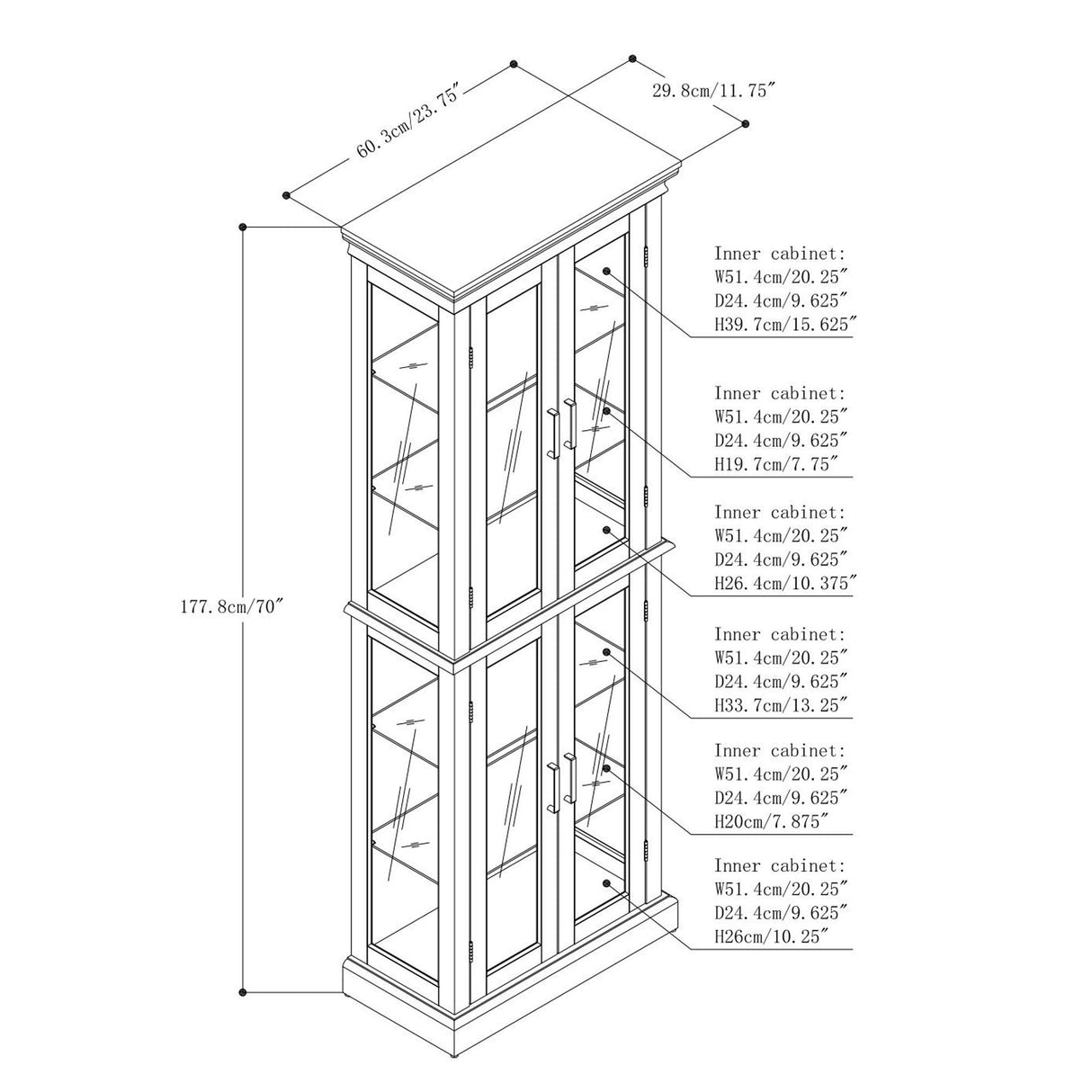 Curio Cabinet Lighted Curio Diapaly Cabinet With Adjustable Shelves And Mirrored Back Panel, Tempered Glass Doors (6 Tier), (E26 Light Bulb Not Included)