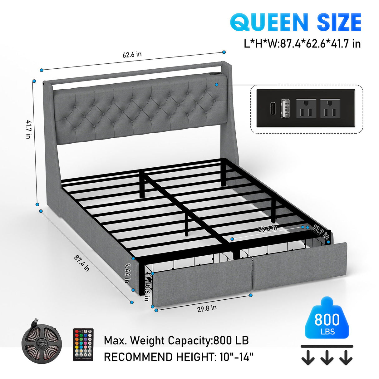 Floating Bed Frame With Rgb LED Light, 2 Storage Drawers & Headboard Shelf