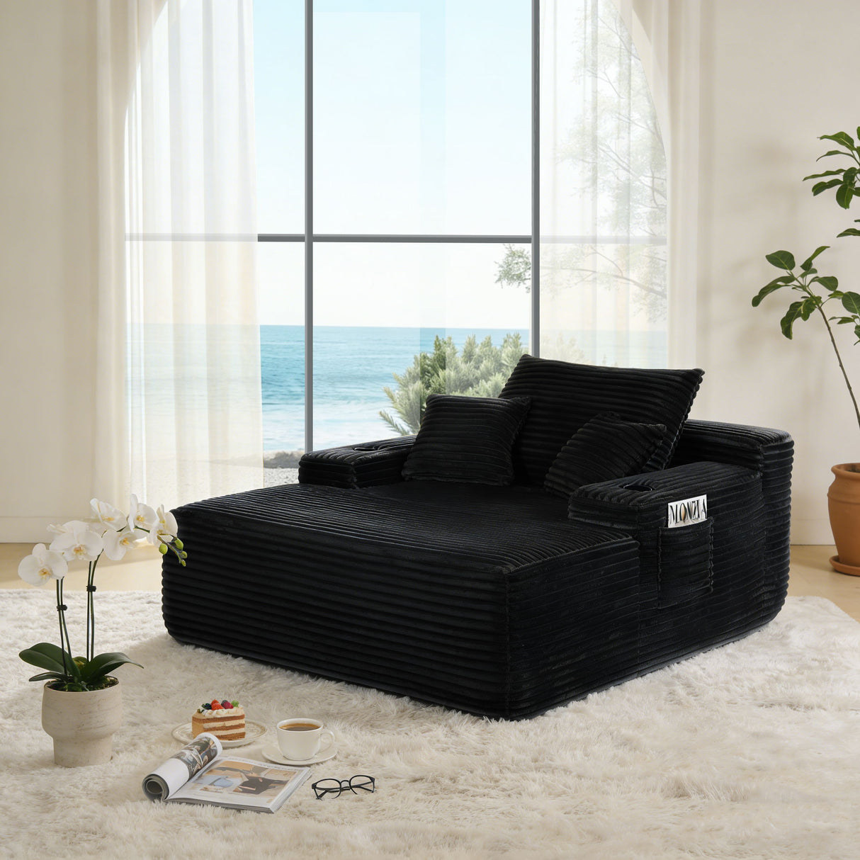 Convertible Chaise Lounge Chair With Wide Armrest & Throw Pillows - Black