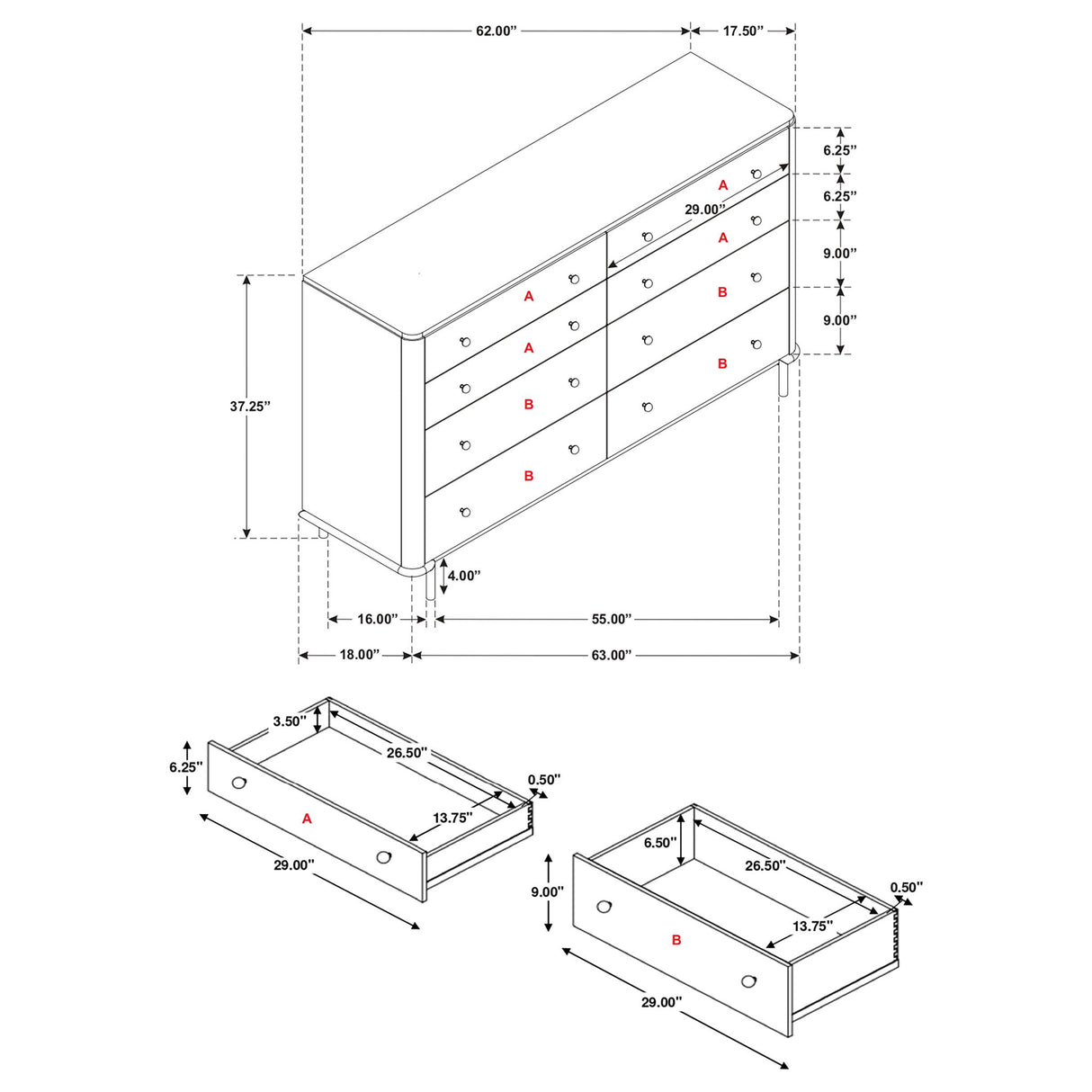 Anser - 8 Drawer Dresser - Black