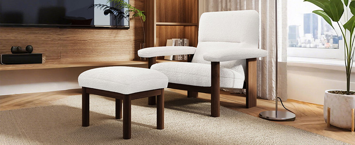 Modern Accent Chair With Ottoman, Mid Century Lounge Chair With Footrest, Comfy Fabric Armchair Upholstered Set With Solid Wood Frame For Living Room - White