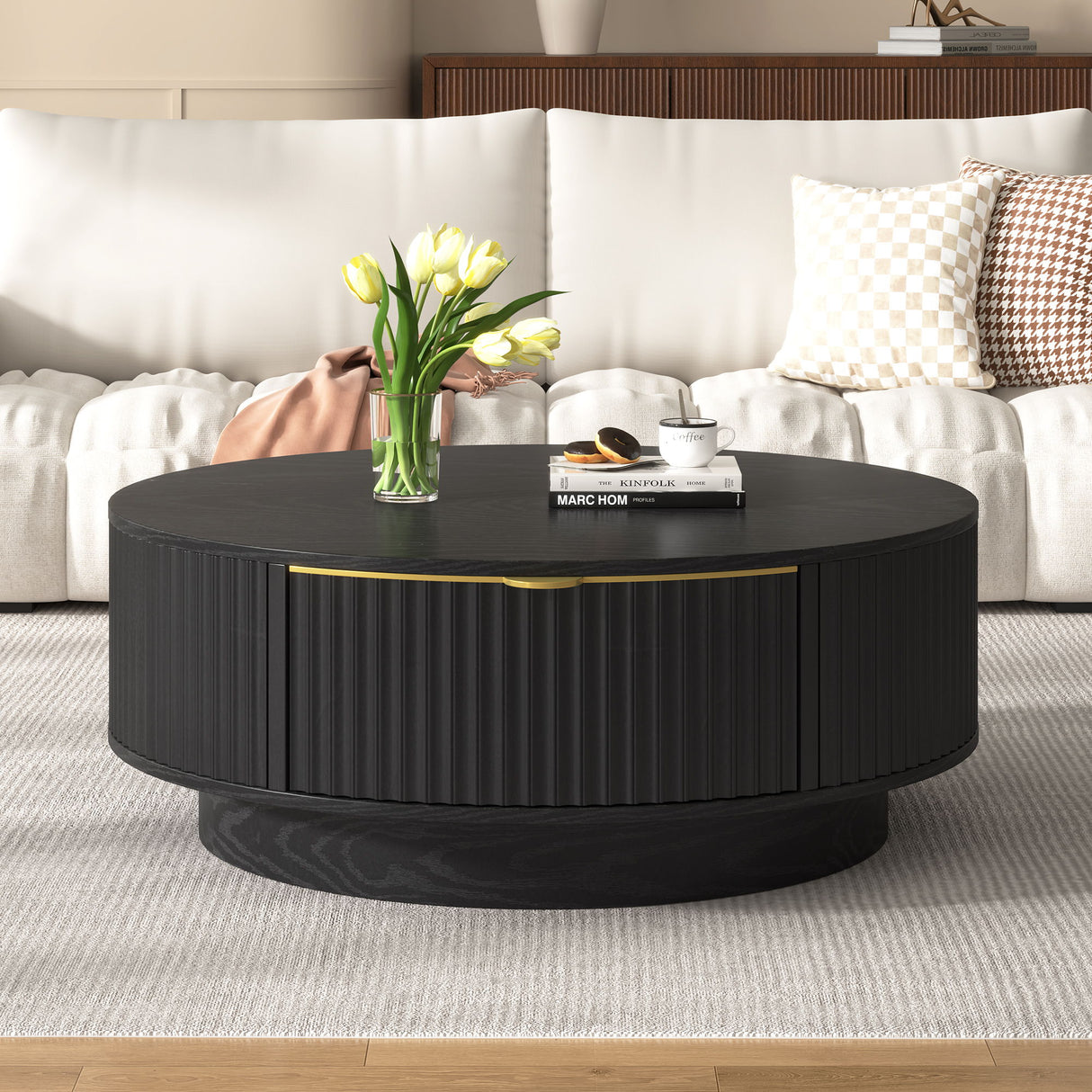 Farmhouse Round Coffee Table With Storage Drawer
