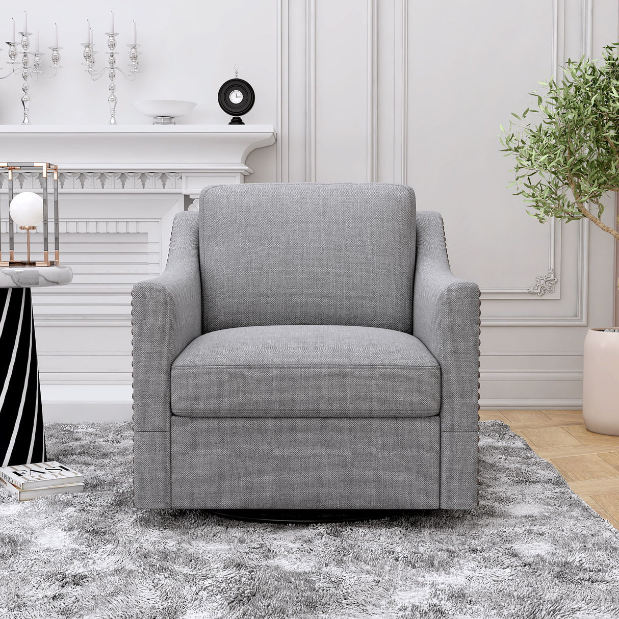 360 Degree Swivel Armchair, Skin Friendly Fabric, Ergonomic Design, Brass Nail Decorative Armchair