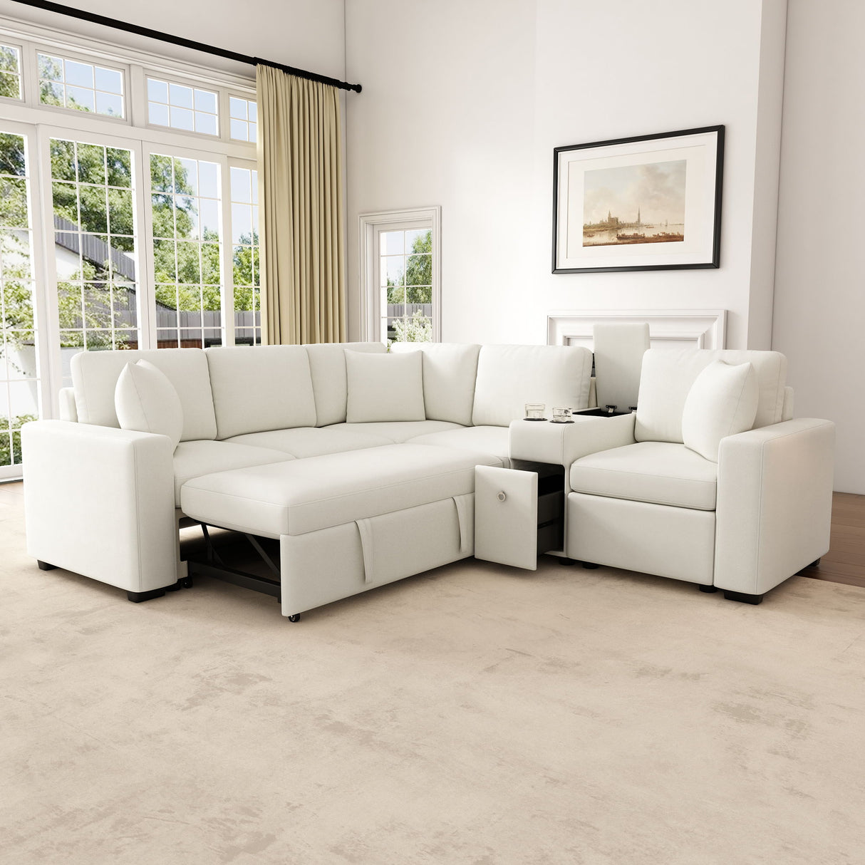 Modular L-Shaped Sectional Sofa Bed With Pull-Out Sleeper, Cup Holders, And Storage