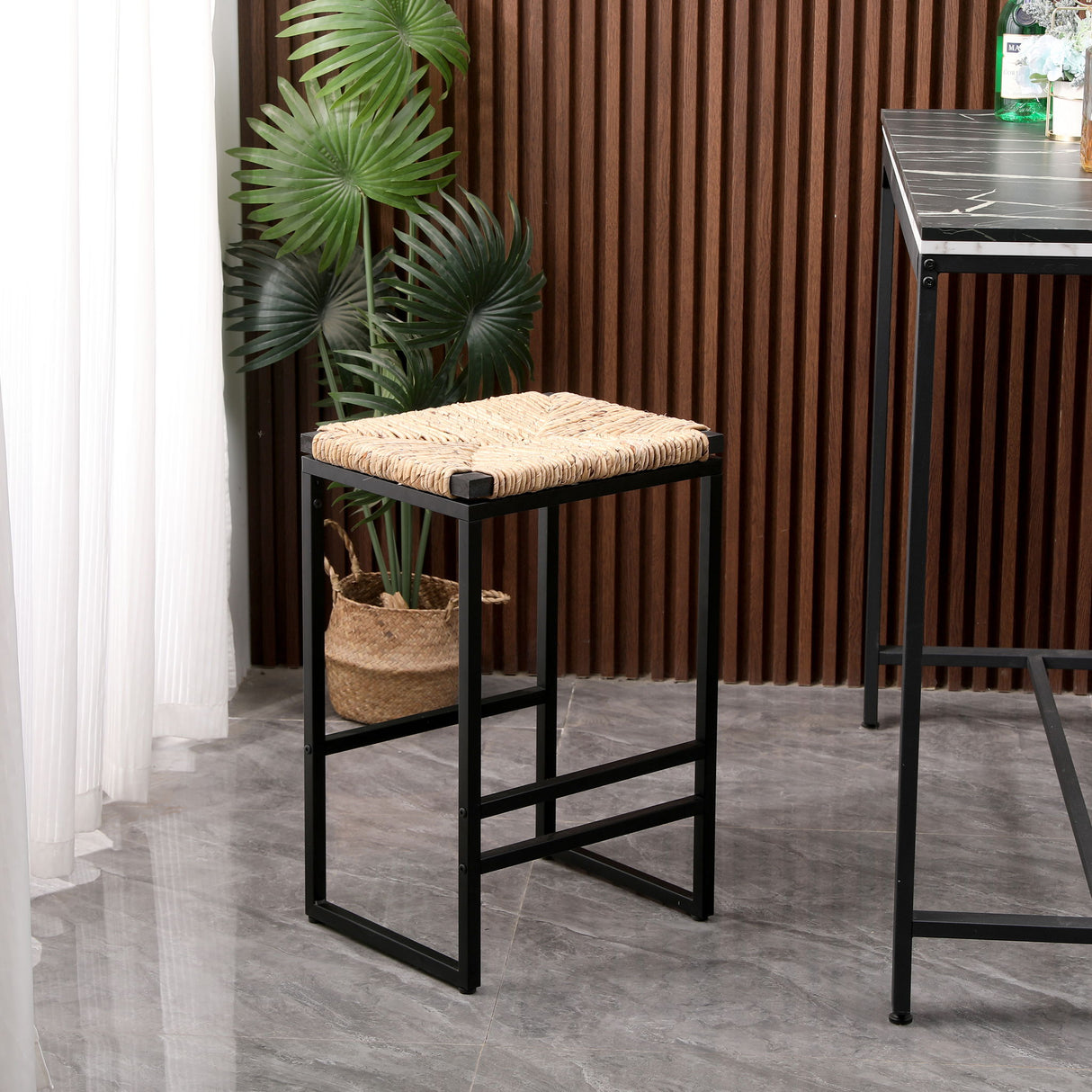 25" Height Backless Water Hyacinth Woven Bar Stools With Footrest (Set of 2) - Natural