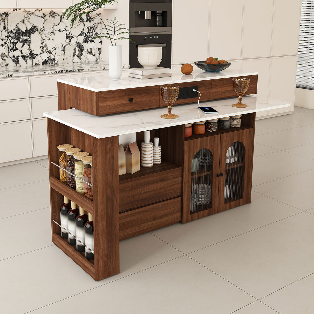 Kitchen Island With Extendable & Rotating Table