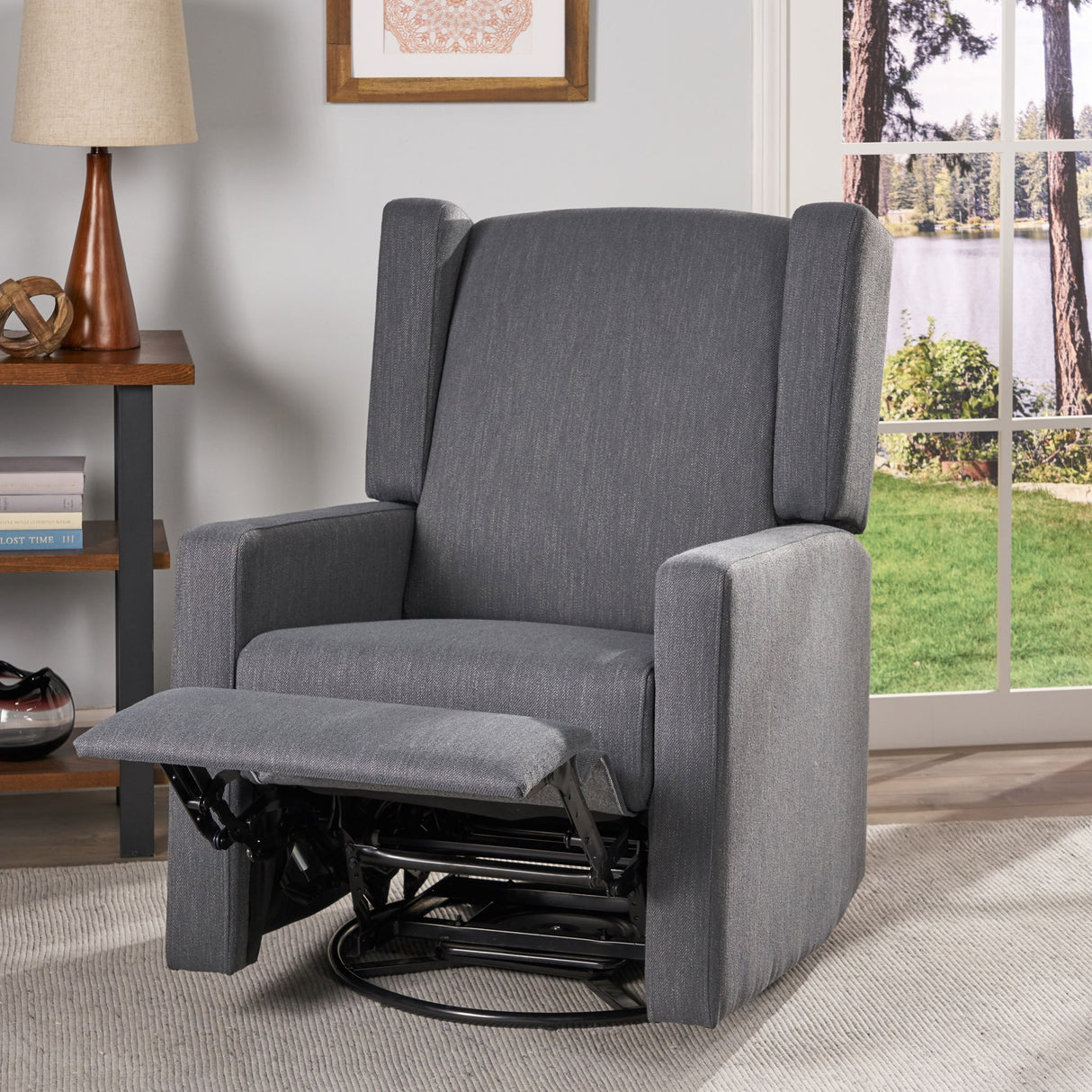 Landau - Contemporary Fabric Upholstered Swivel Recliner - Charcoal