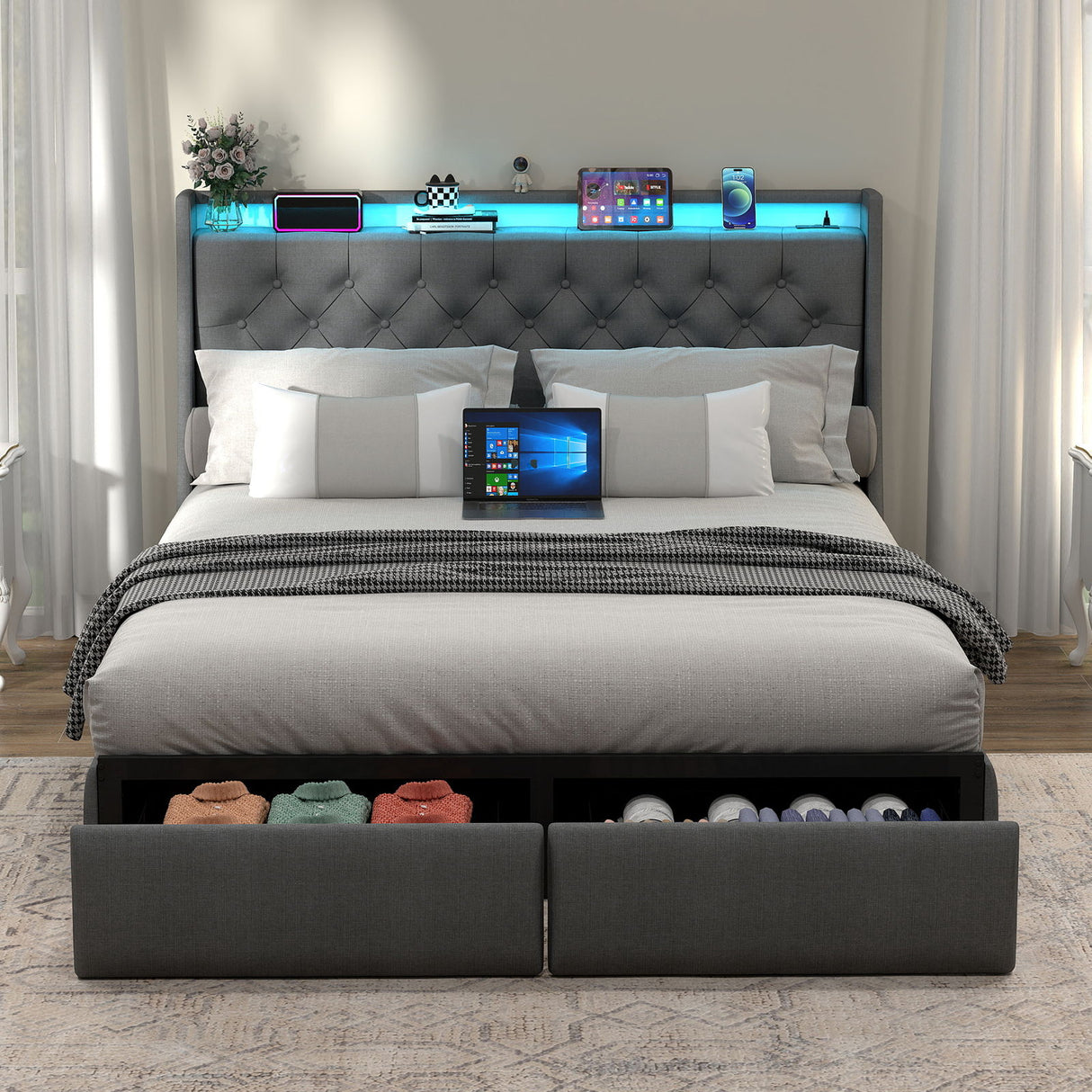 Floating Bed Frame With Rgb LED Light, 2 Storage Drawers & Headboard Shelf