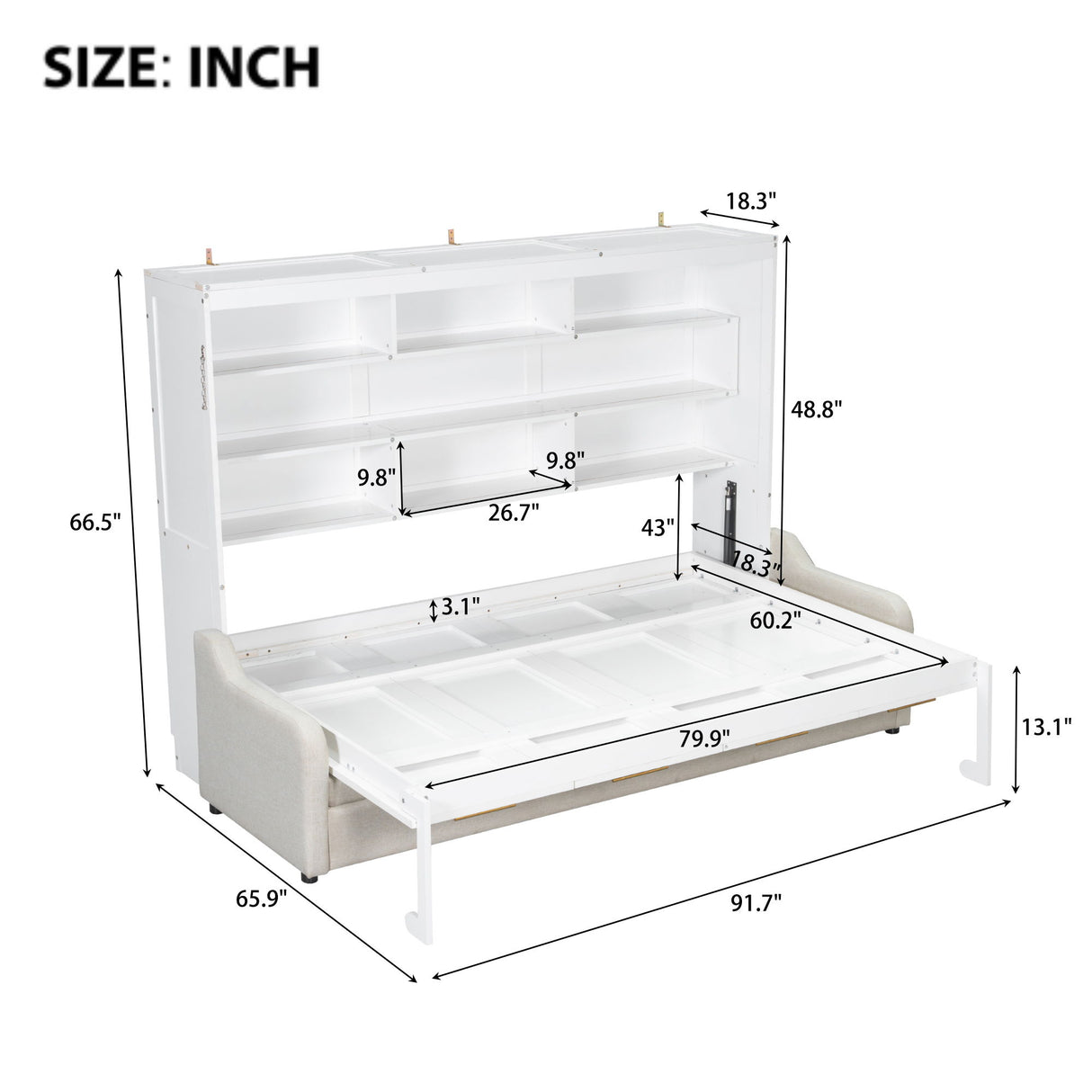 Murphy Cabinet Bed With Folding Sofa, Built In Storage Shelves And LED Light