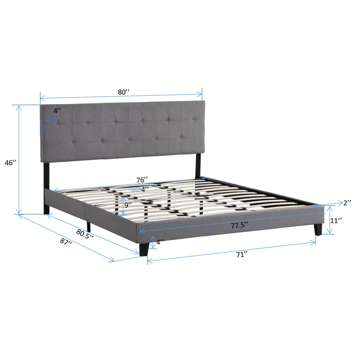 Modern Upholstered Platform Bed Frame With Button Tufted Headboard And Wood Slat Support
