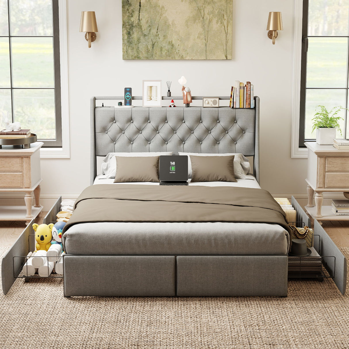 Platform Bed Frame With RGB LED Lights, Charging Station, Storage Headboard & 4 Underbed Drawers