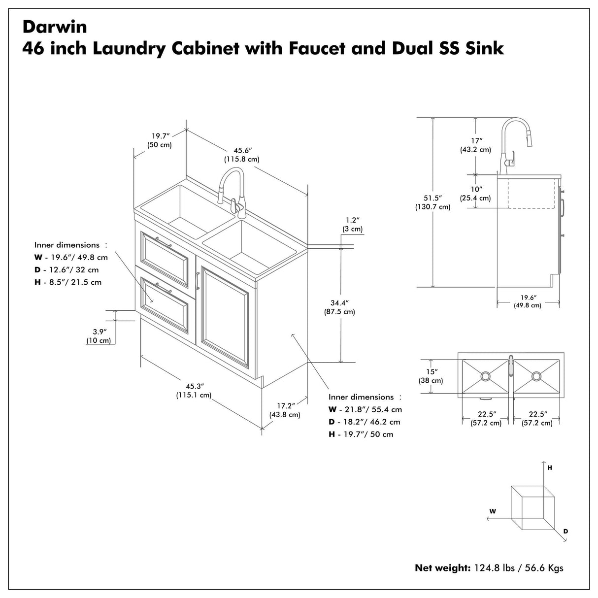 Darwin - Laundry Utility Sink And Cabinet With Dual Sinks, Pull Out Faucet - White