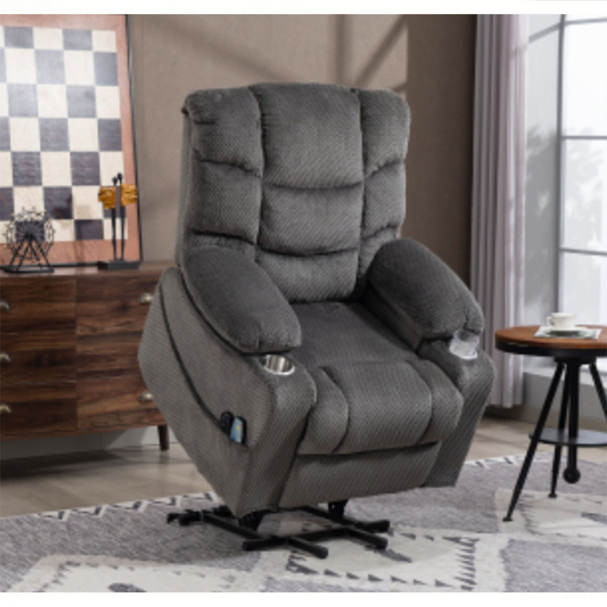 Ultra Wide Electric Lounge Chair With Hot Massage Heating And Auxiliary Standing Function, For Living Room - Gray