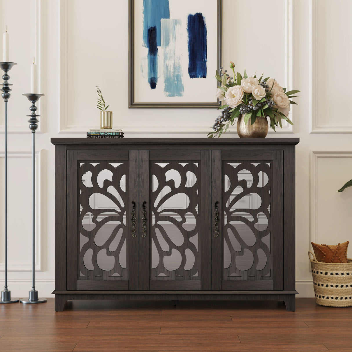 Spacious Countertop Sideboard With 3 Mirrored Doors, Adjustable Shelves - Dark Brown