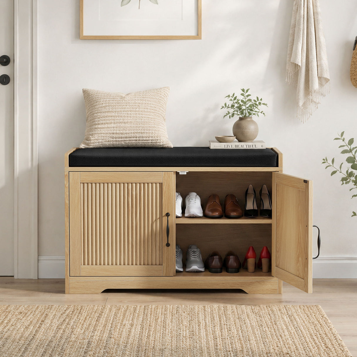 Entryway Shoe Bench With Double Doors, Upholstered Seat - Oak