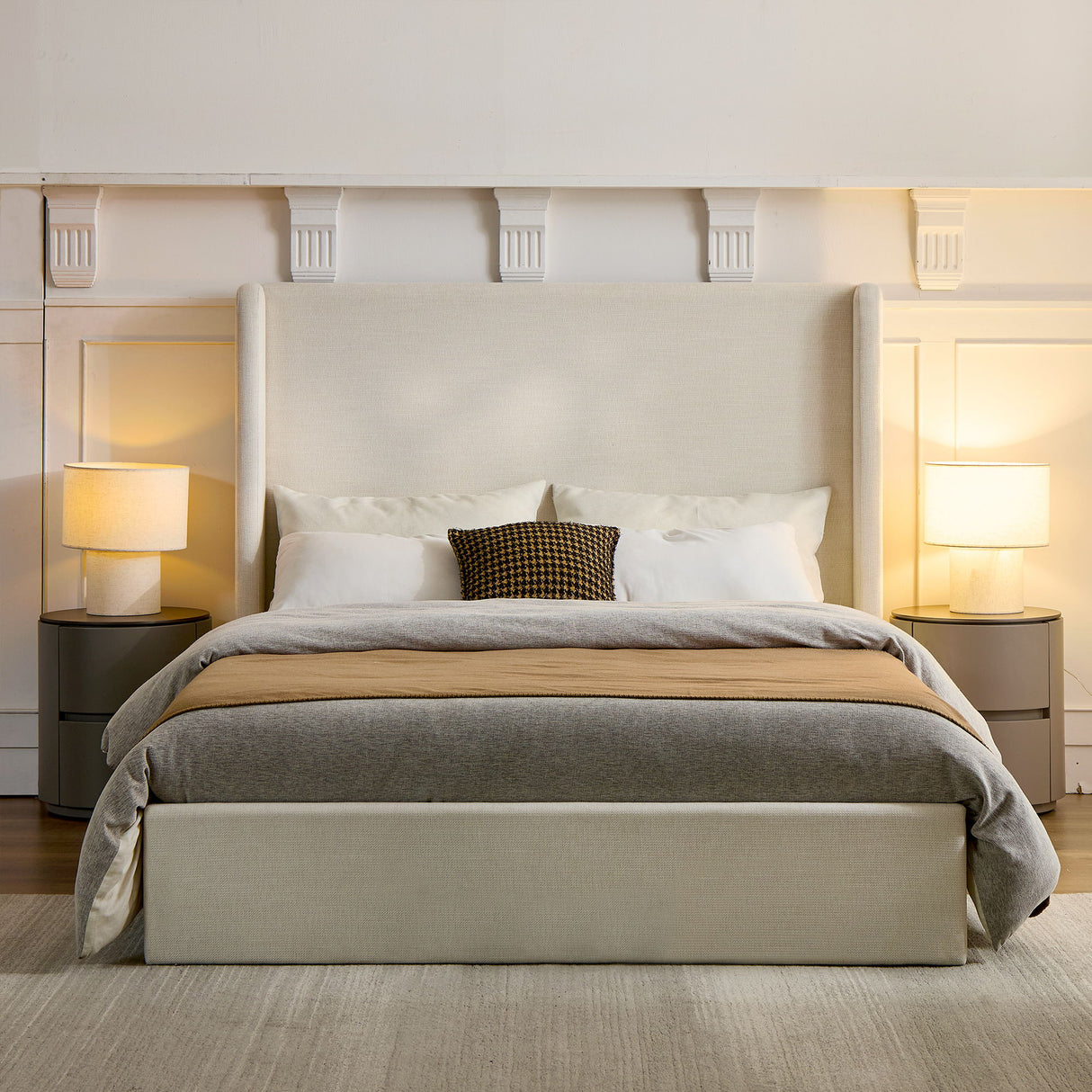 Caron - Upholstered Wingback Bed With High Headboard