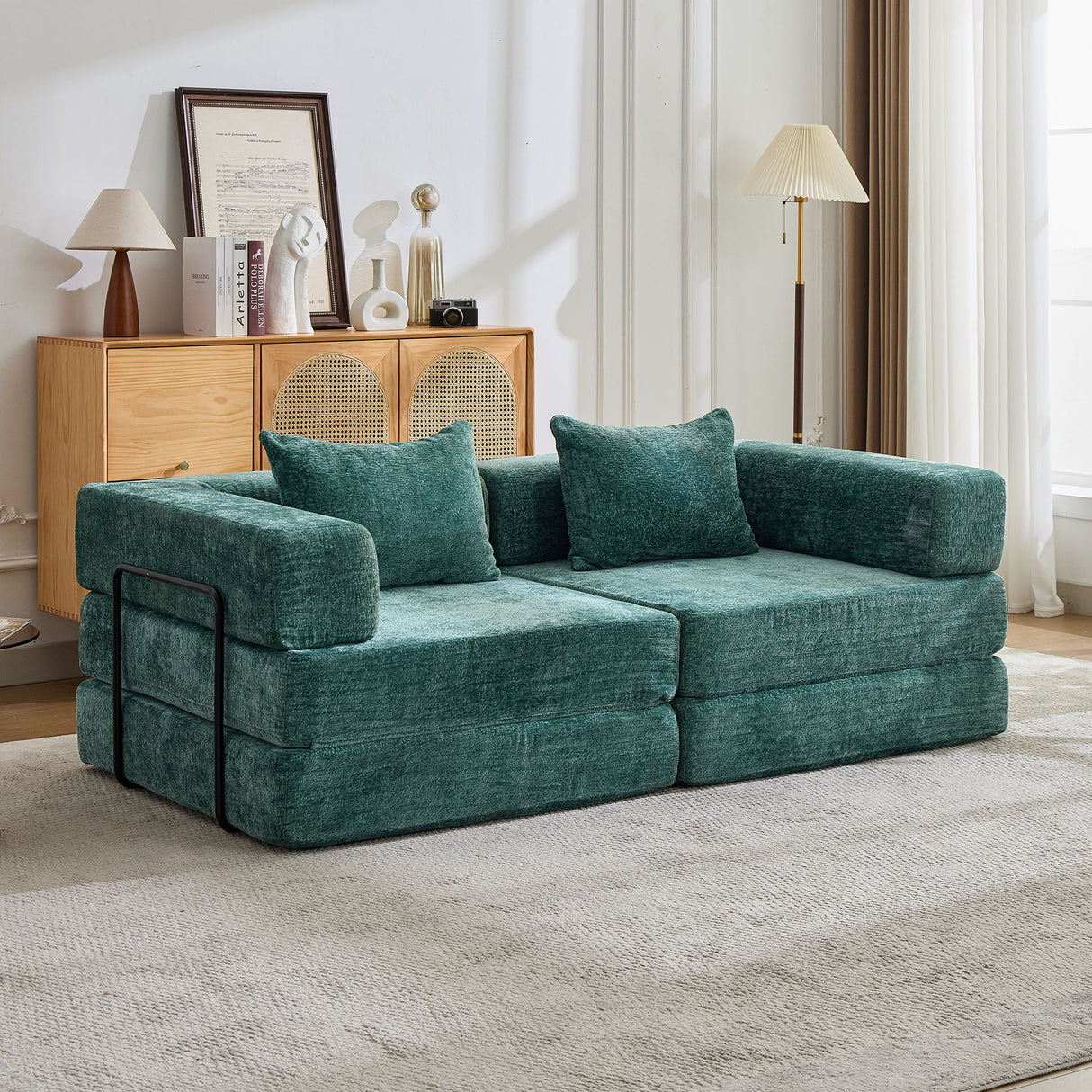 Convertible Floor Sofa Bed With Pillow Back Support Armrest