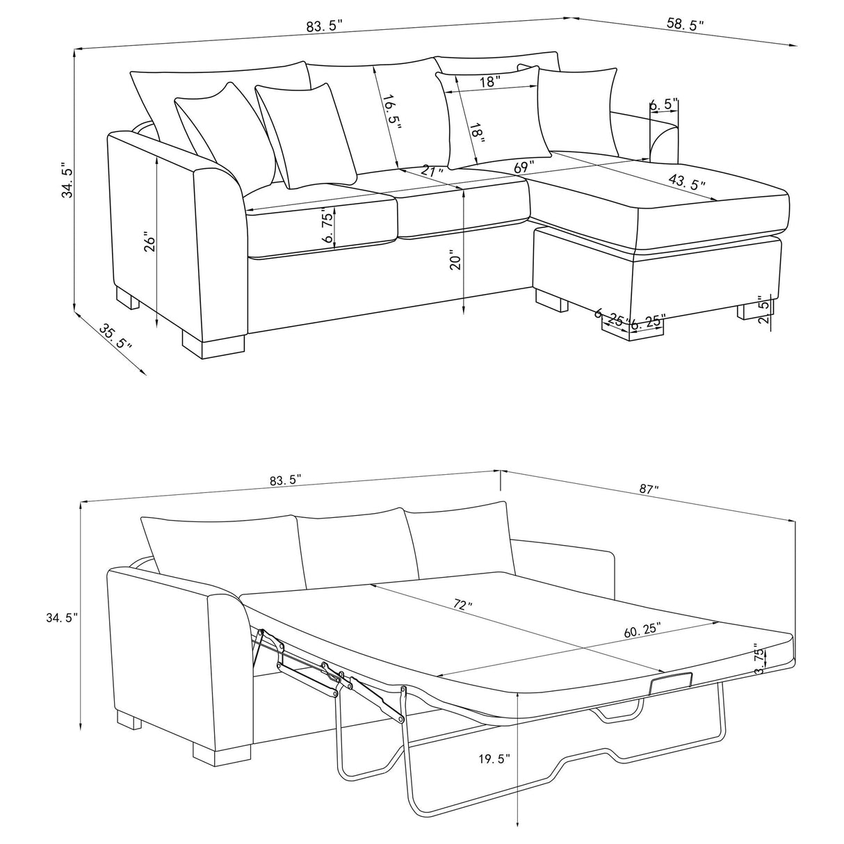 Pacheco - Upholstered Sleeper Sectional Chaise Sofa With Pocket Coils And Reversible Cushions - Dark Gray