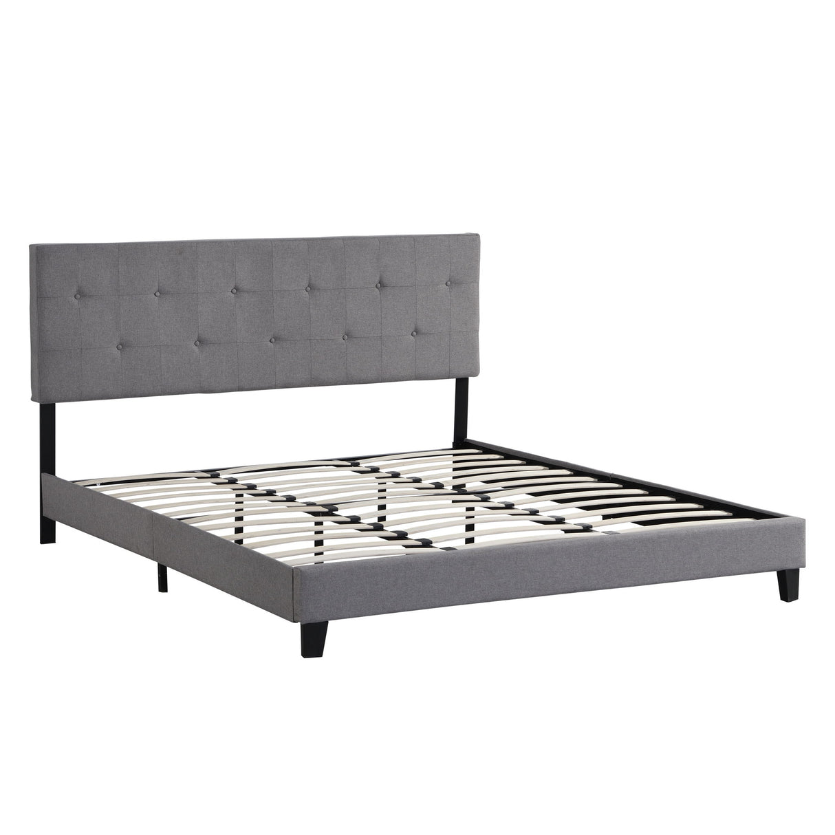 Modern Upholstered Platform Bed Frame With Button Tufted Headboard And Wood Slat Support