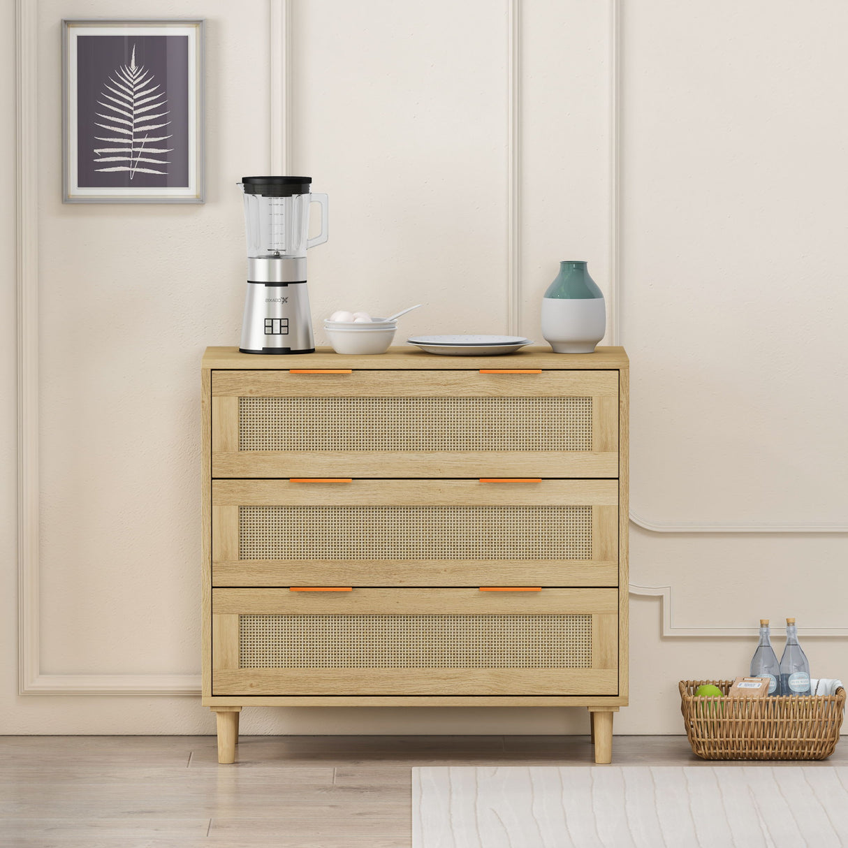 3 Drawer Storage Cabinet With Rattan Drawers For Bedroom, Living Room - Oak