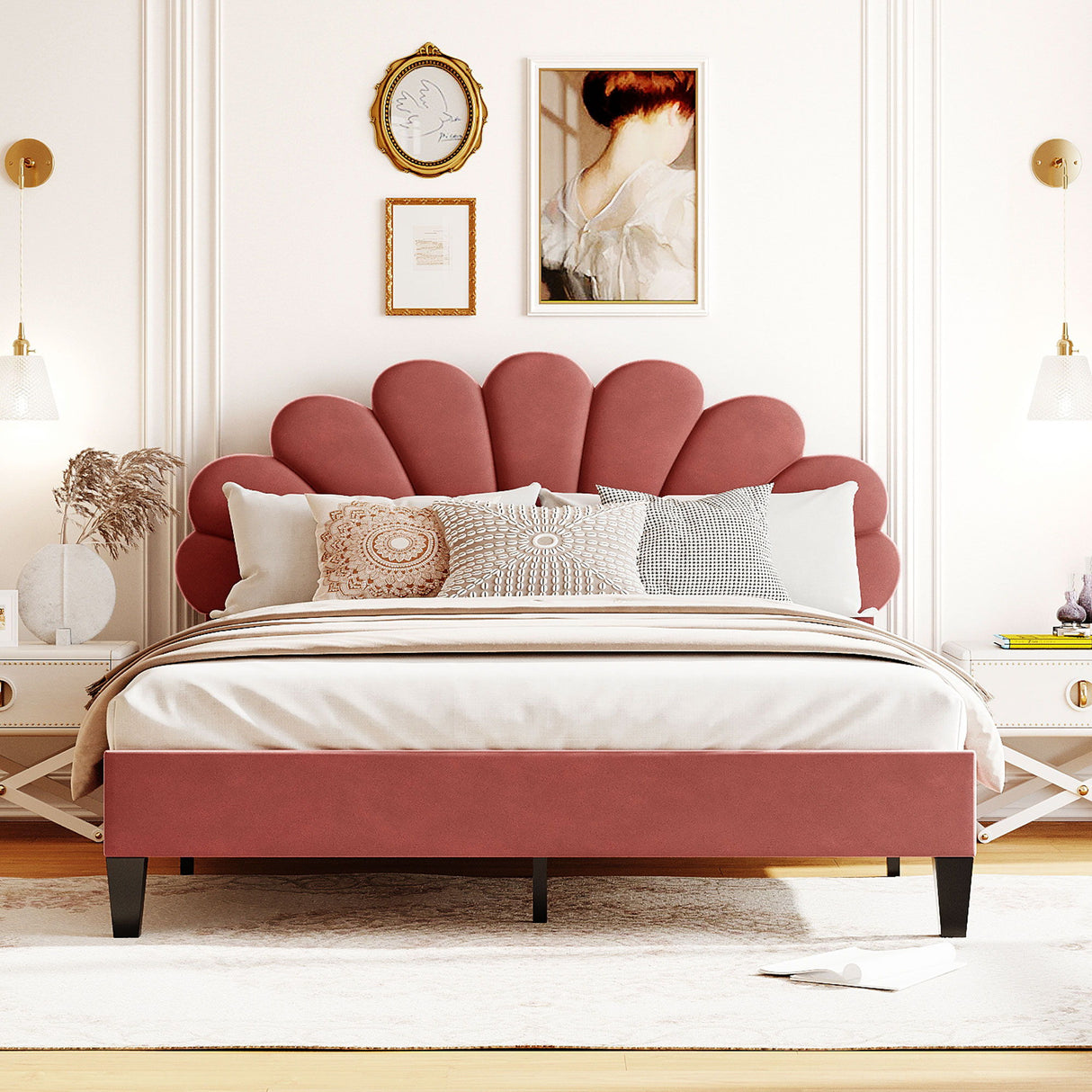 Upholstered Platform Bed With Flower Pattern Headboard