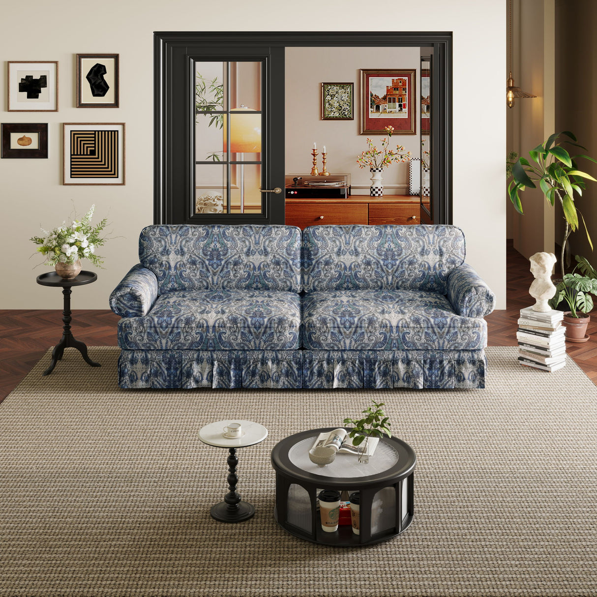 Luxuriously Comfortable Cloud Couch Sofa With Elegant Rolled Arms & Pleated Skirt Design