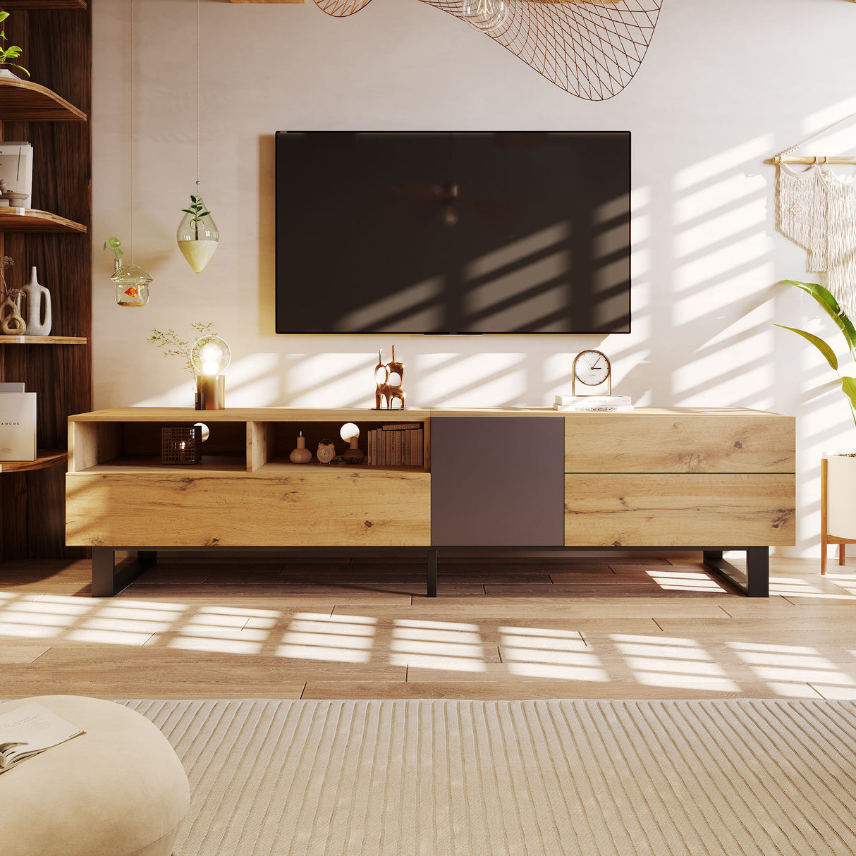 TV Stand For 80'' TV With Double Storage Space, Media Console Table With Drop Down Door