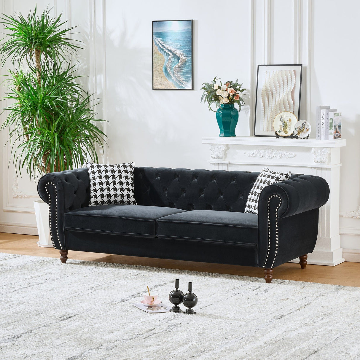 Chesterfield Upholstery Fabric Sofa With Roll Armrest & Nailhead