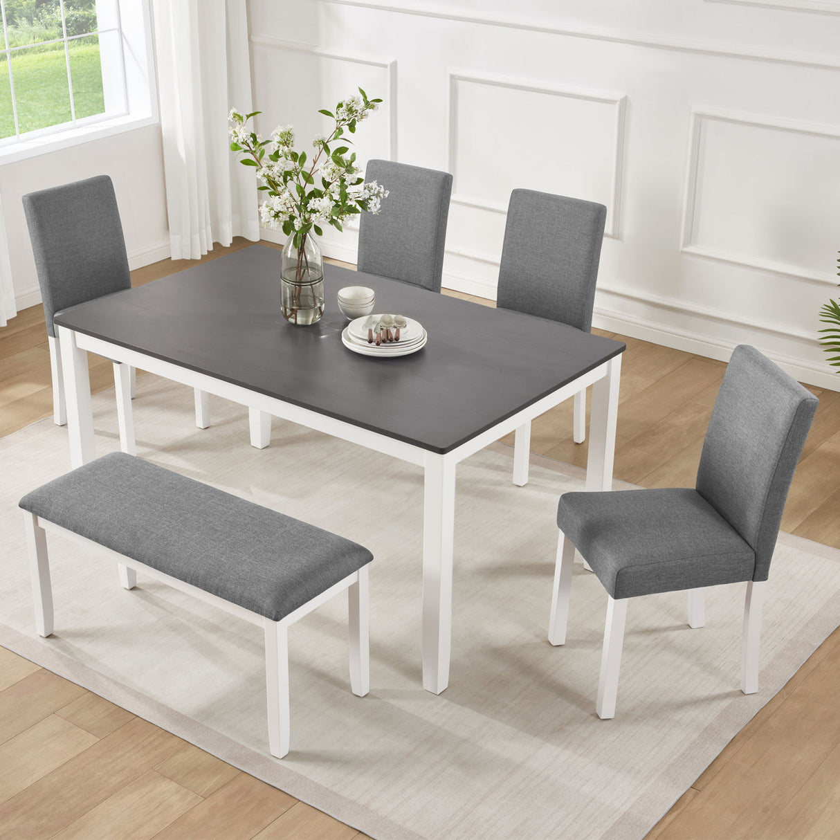 6 Piece Dining Table Set With Bench And Chairs