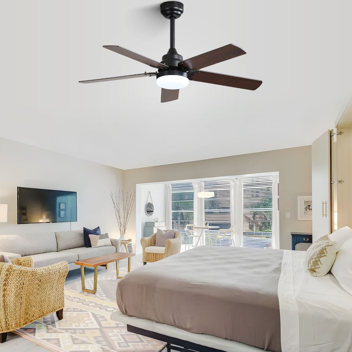 Low Profile Ceiling Fan With Reversible DC Motor, Remote Control, LED Light - Black