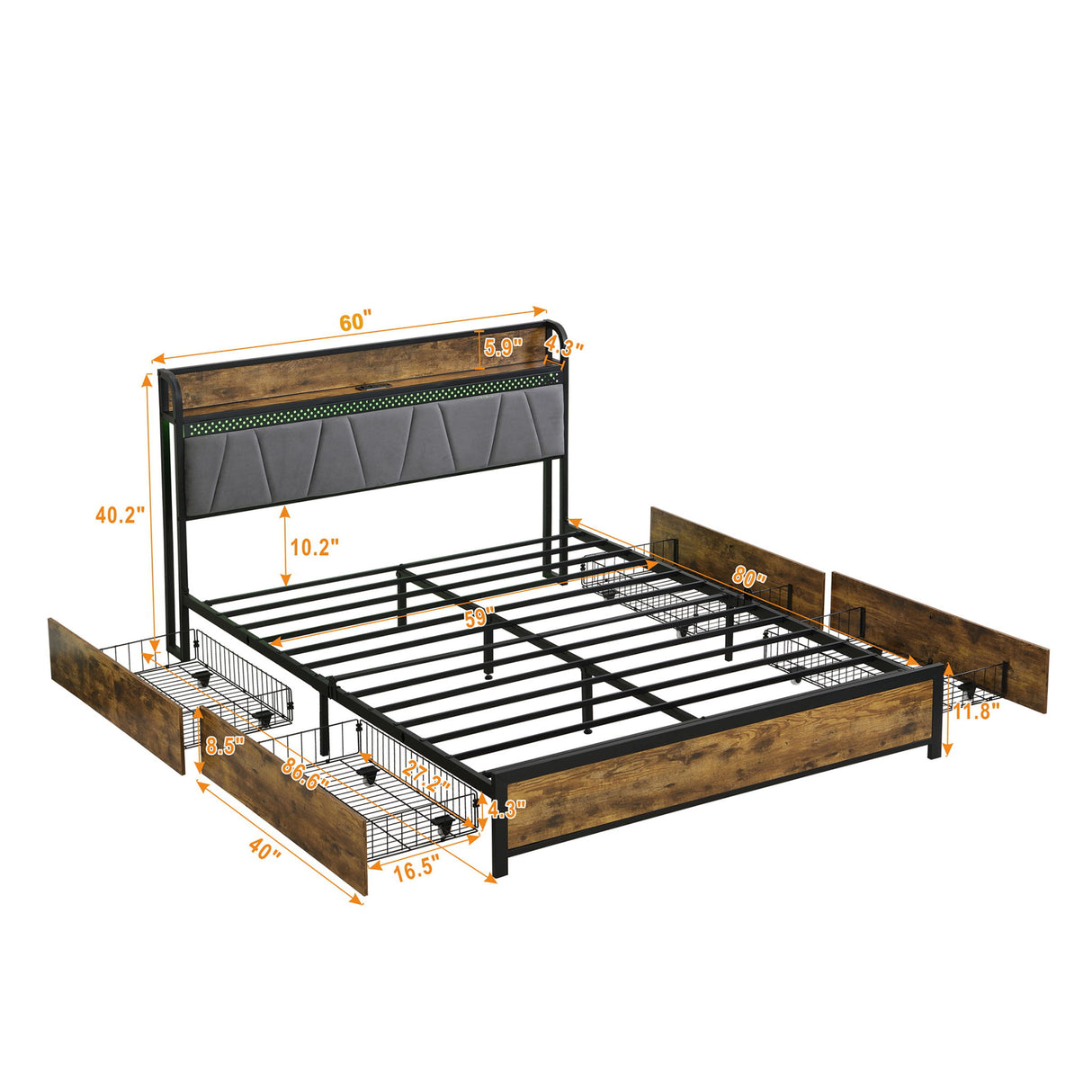 Contemporary Bed Frame With Storage Headboard, Charging Station, LED Lights