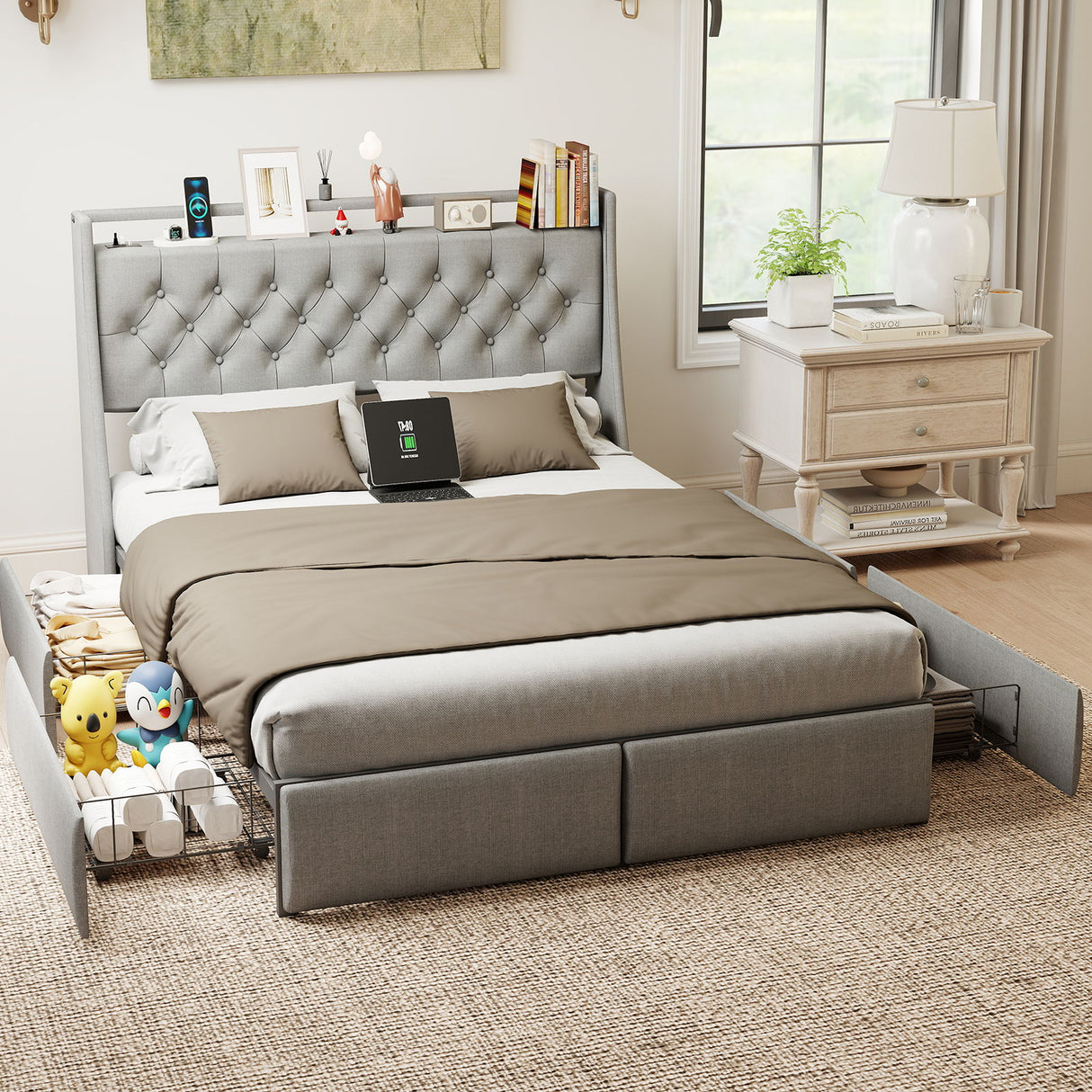 Platform Bed Frame With RGB LED Lights, Charging Station, Storage Headboard & 4 Underbed Drawers