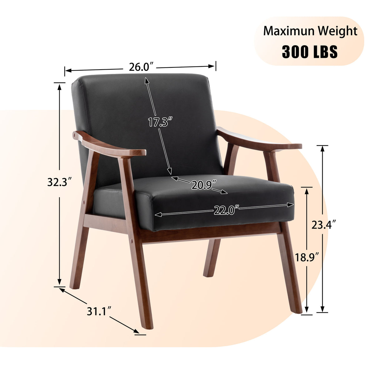 Mid Century Modern Accent Chair With Solid Wood Frame And Extra Thick Backrest