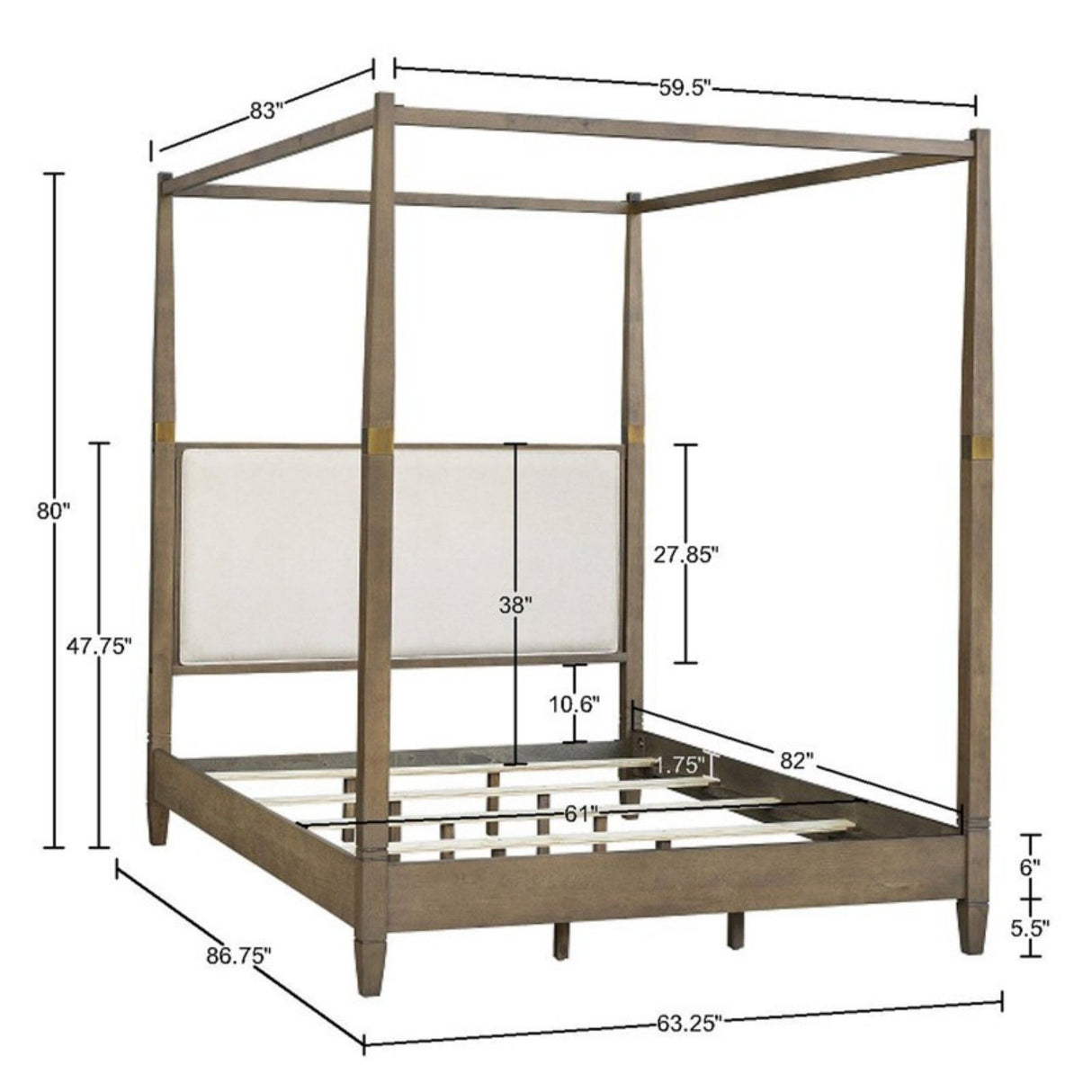 Queen Canopy Bed Frame With Upholstered Headboard - Brown