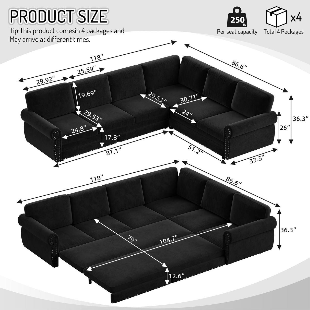 L-Shaped Sofa Couch With Pull Out Bed With Nailhead Trim & Rolled Arm