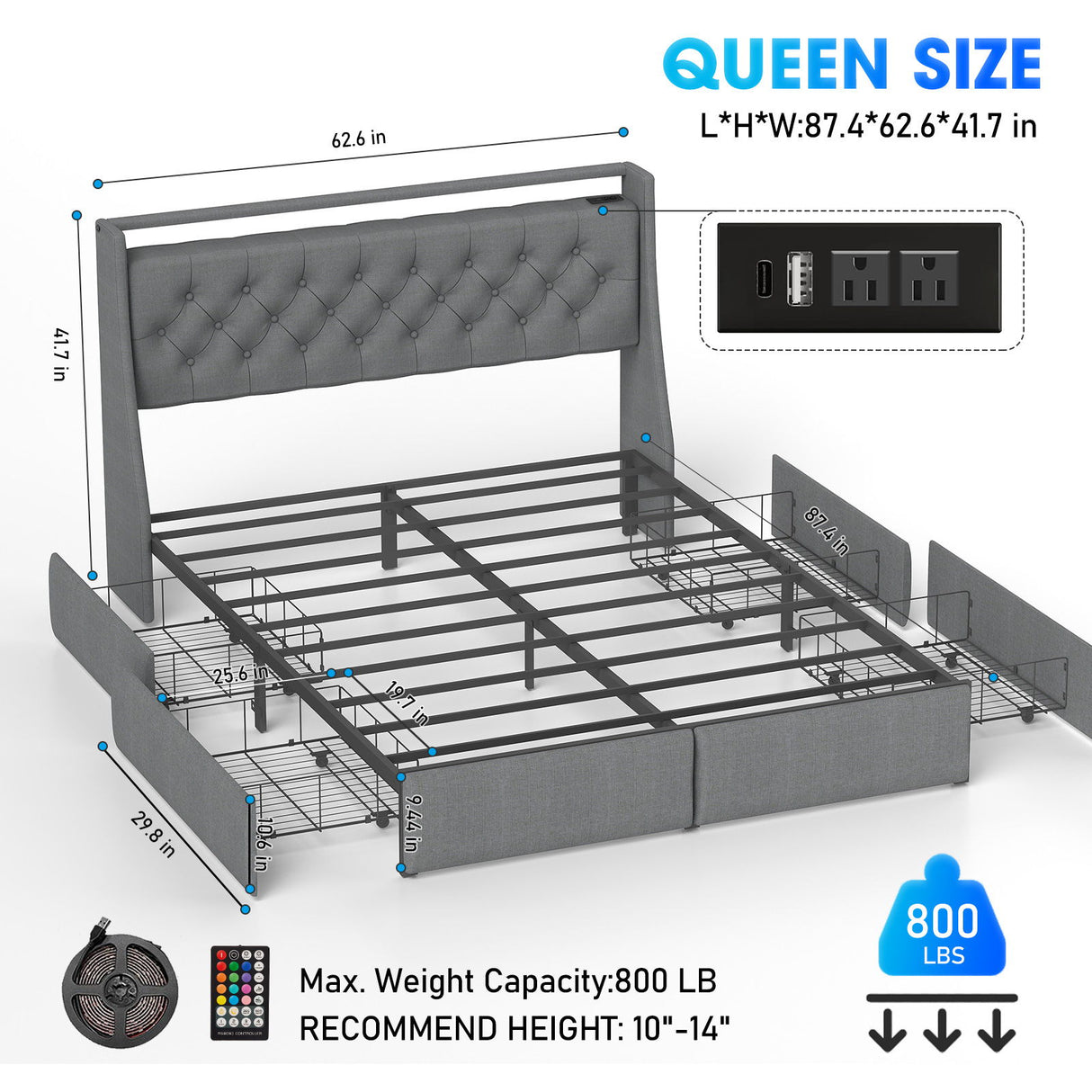 Platform Bed Frame With RGB LED Lights, Charging Station, Storage Headboard & 4 Underbed Drawers
