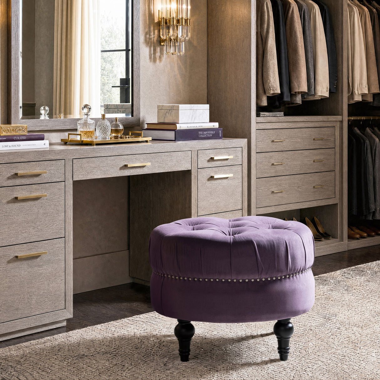 Dawn - Tufted Round Ottoman Nailhead Accents - Purple