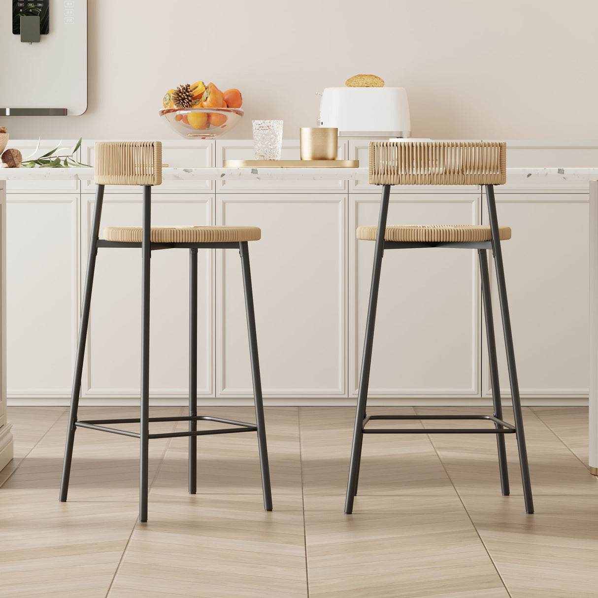 Boho Style Handwoven Paper Rope Counter Stools (Set of 2)
