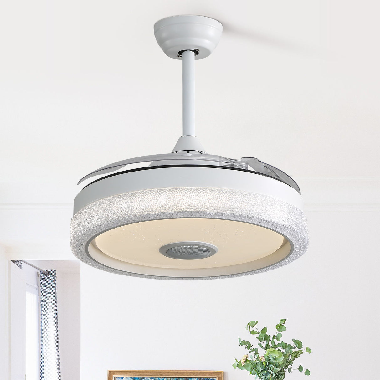 Invisible Ceiling Fan With Remote Control And 36W LED Light, 120V DC Motor, 3 Blades - White