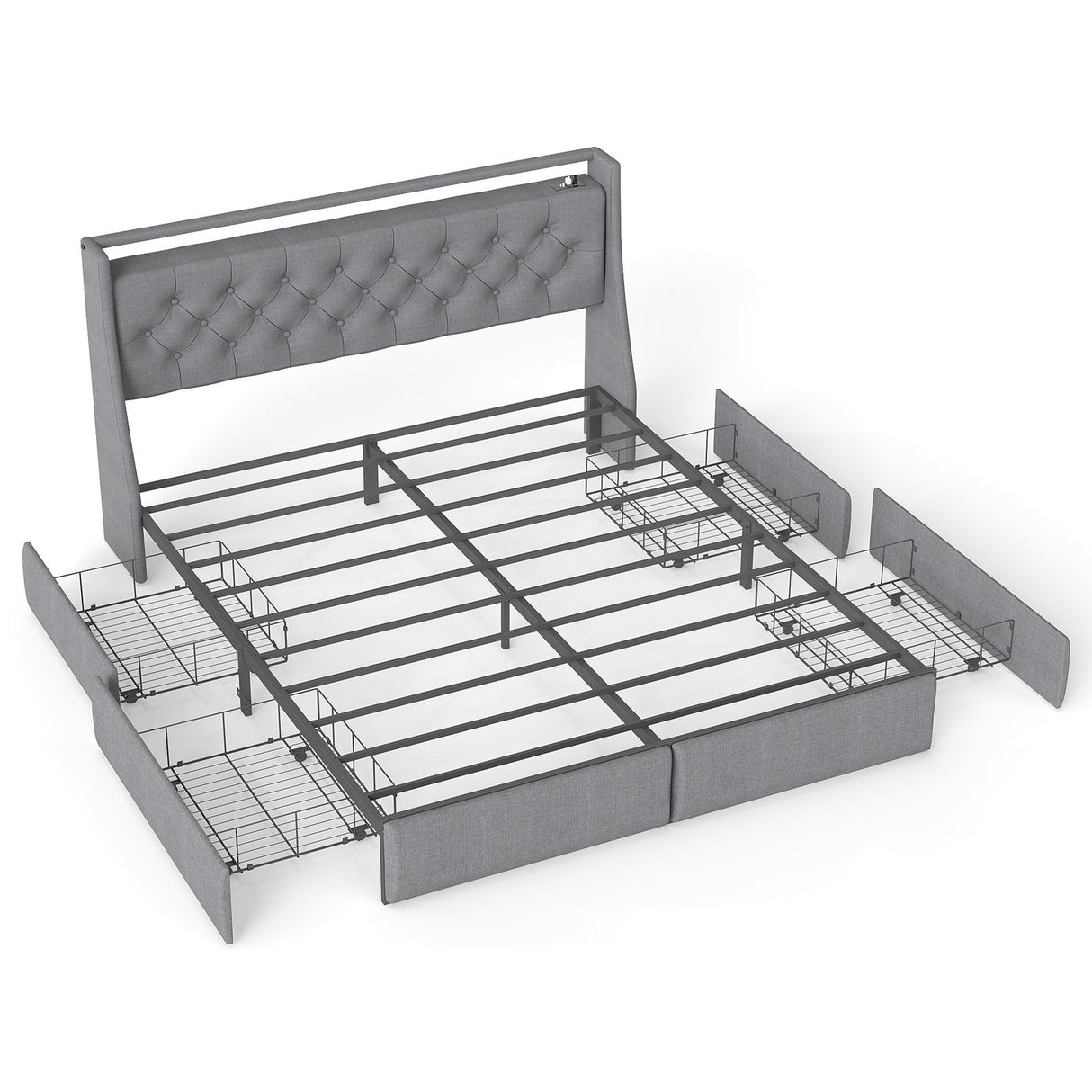 Platform Bed Frame With RGB LED Lights, Charging Station, Storage Headboard & 4 Underbed Drawers