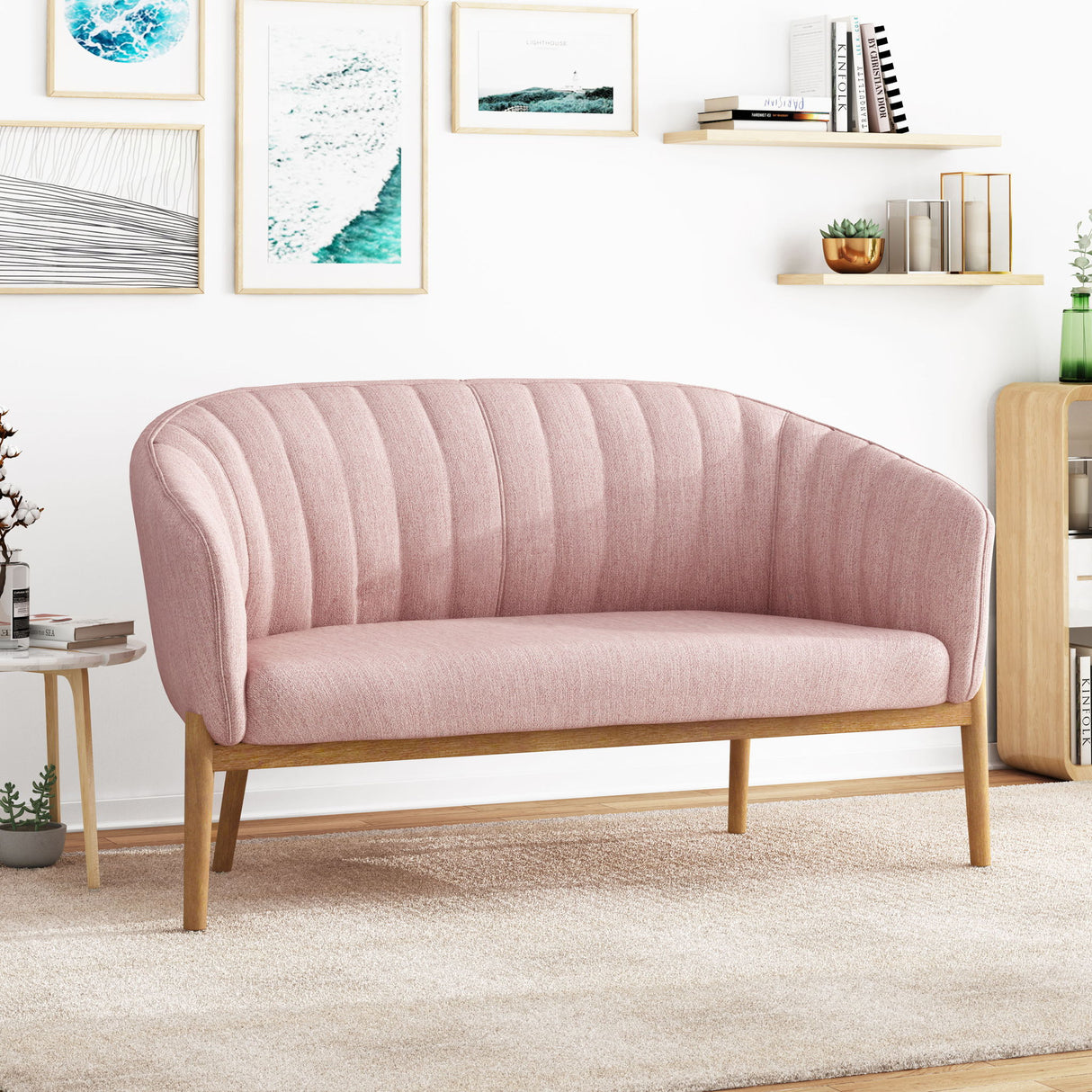 Mid Century Modern Loveseat With Channel Stitched Backrest